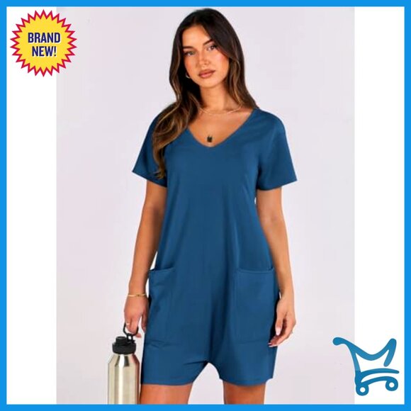 Loose Fit V Neck Romper Casual Summer Jumpsuit with Pockets Short Sleeve - Picture 2 of 7